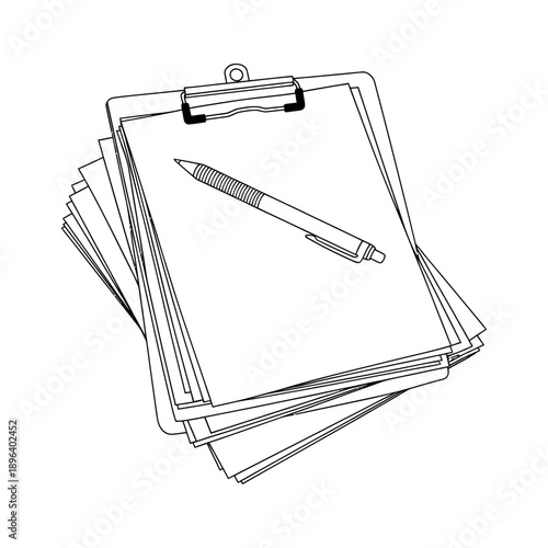 Stacked clipboards with a pen on top organized office supplies for planning and documentation monochrome minimalist style
