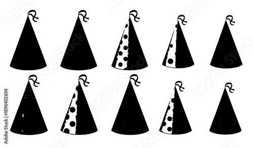 Party hats vector set with gold and black stripes, dots, and stars isolated on white background