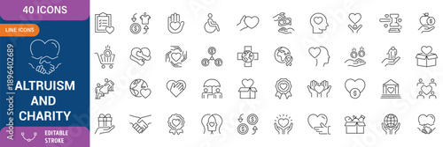 Altruism icon set containing charity, help, empathy, goodwill, caring, generosity, kindness, benevolence, compassion, volunteer support, social care, humanitarian values, community assistance icon.