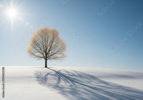 Lone tree casting long shadows on a snowcovered field under a bright sun and clear blue sky