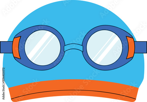 swimming goggles cap swimwear pool sport aquatic gear equipment blue orange cartoon illustration icon vector