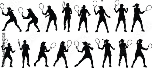 tennis silhouette player athlete sport action match competition training racket motion vector set