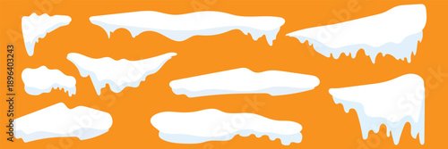 Winter Icicles and Snow Caps Illustration Vector. Snow caps, snowy ice and frozen icicles, vector cartoon icons, isolated on transparent background. Winter season background. Cold new year, christmas