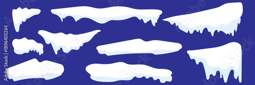 Collection of cartoon snow caps and icicles in a simple, flat design. Set with various frozen snow and ice elements, perfect for decorating roofs, text, or frames for a winter theme