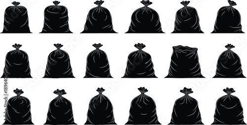 trash bag garbage sack waste silhouette plastic rubbish disposal black vector collection set