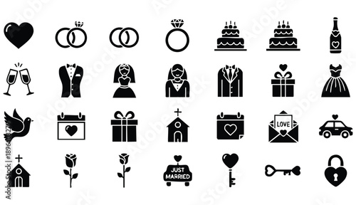 Wedding & Love Icons Bundle – Romantic Black Filled  Icons