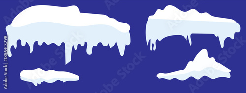 Collection of cartoon snow caps and icicles in a simple, flat design. Set with various frozen snow and ice elements, perfect for decorating roofs, text, or frames for a winter theme