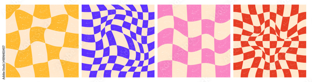 Obraz premium Square checker board backgrounds. Groovy chess grid patterns with warped twisted tiles, abstract geometric psychedelic mosaic checkerboard squares y2k style. Vector set