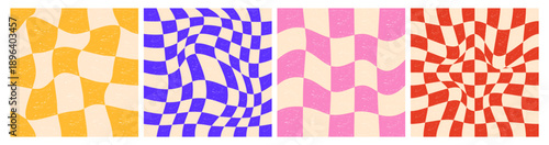 Square checker board backgrounds. Groovy chess grid patterns with warped twisted tiles, abstract geometric psychedelic mosaic checkerboard squares y2k style. Vector set