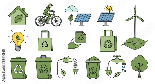 Set of green recycling icons and eco symbols featuring leaf and tree designs for ecology and nature environment web vector illustrations