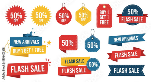 Set of discount and sale labels featuring vector price tags, stickers, and business promotion icons for retail web design banners and new offer badges
