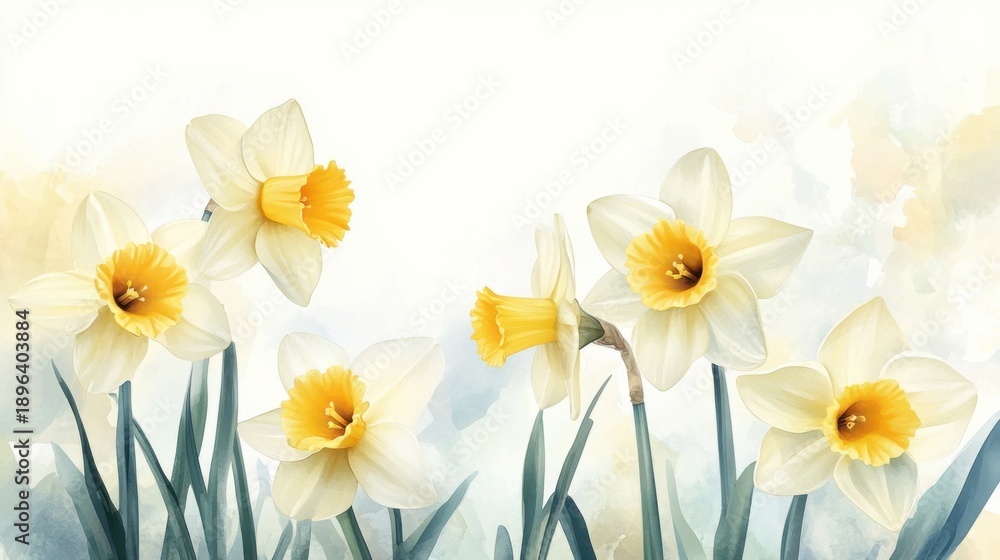 Fototapeta premium adorable watercolor daffodil flowers, soft yellow, white background