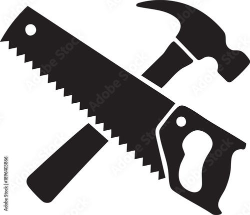 Black Silhouette Crossed Hammer and Hand Saw Tools Icon on White Background