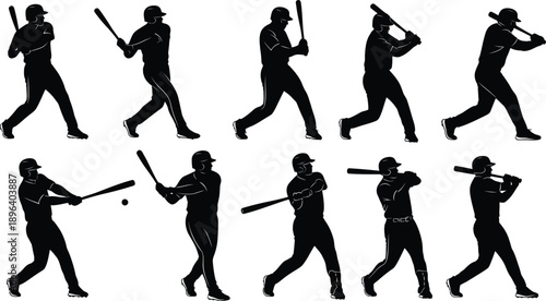 A baseball player in various swinging motions, captured in silhouette against a white background