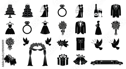 Wedding planning icons set including dress cake ring gifts and decorations on white background