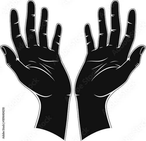 A pair of black hands raised in silhouette against a white background