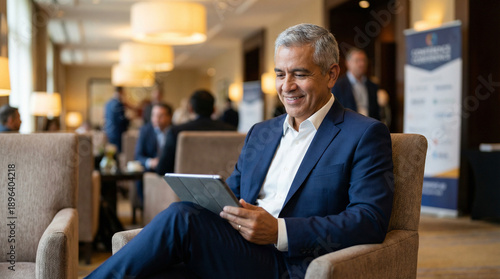 Leadership concept with business man using tab with businessman, business, office, technology, tablet, person, man