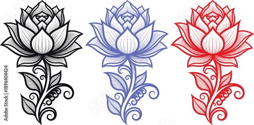 A colorful illustration of lotus flowers in black, blue, and red silhouette on a white background