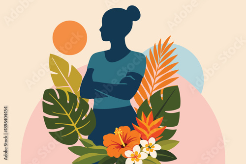 Strong Woman Silhouette with Tropical Leaves Illustration