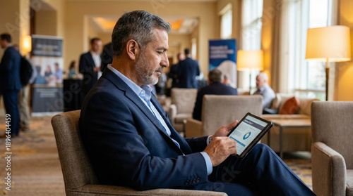 Leadership concept with business man using tab with business, man, technology, tablet, businessman, office, person