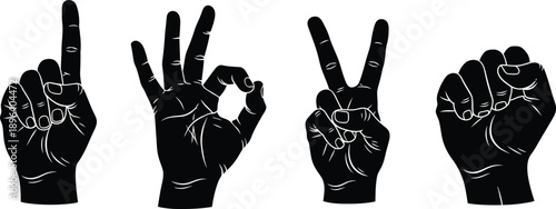 A set of four black hand silhouettes making different gestures on a white background silhouette