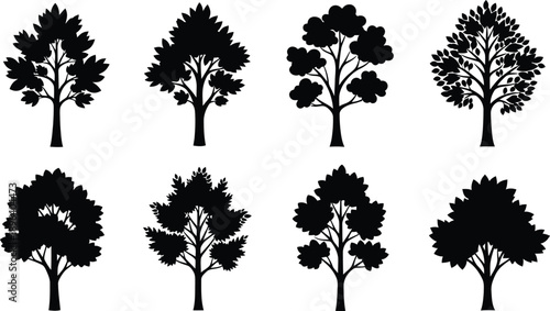 A collection of tree silhouettes against a white background