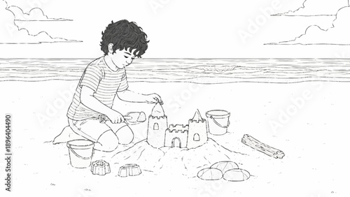 Young boy building a sandcastle at the beach on a sunny day.