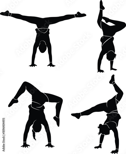 A gymnast in various handstand poses creating a dynamic silhouette against a clean background