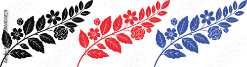 A colorful floral design featuring three vibrant branches with leaves and flowers in black, red, and blue hues silhouette