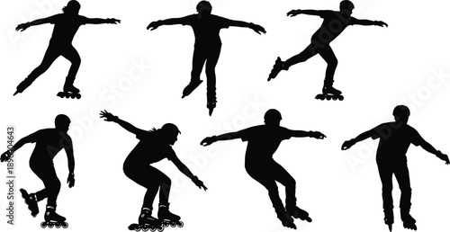 A group of people in silhouette are rollerblading in various poses on a white background