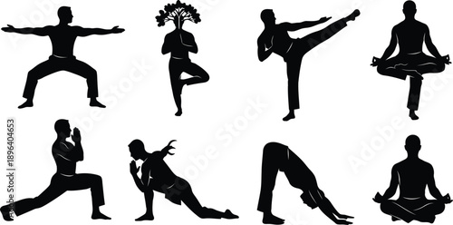 A group of people practicing various yoga poses in silhouette against a white background