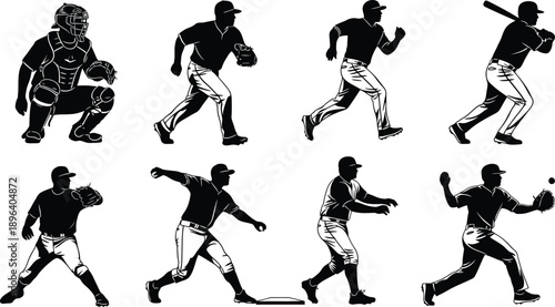 A baseball player in various poses, including running, pitching, and batting, shown in silhouette against a white background