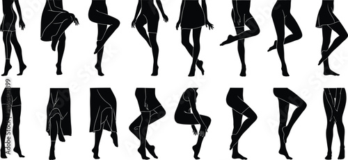 A collection of female silhouettes in various poses showcasing stylish black stockings and high heels silhouette