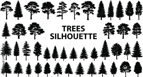 A collection of various tree silhouettes against a white background