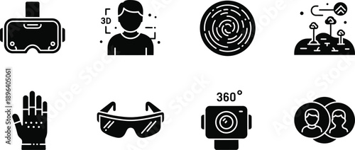 Icon set featuring virtual reality goggles and smartwatch symbols