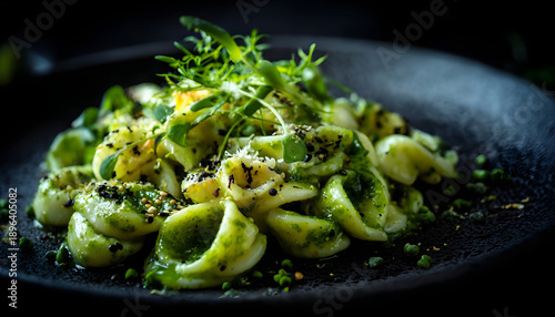 Whimsical Plate of Twisted Pasta with Ethereal Green Sauce Against a Mystical Dark Background