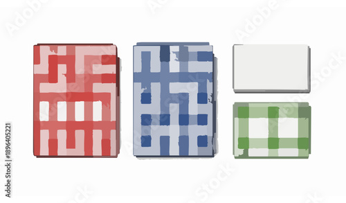 Realistic vector set of folded gingham tablecloths and white linen kitchen towels