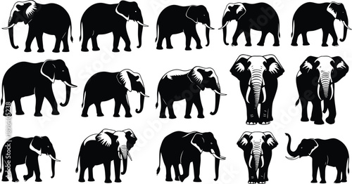 A collection of elephant silhouettes in various poses and views on a white background silhouette