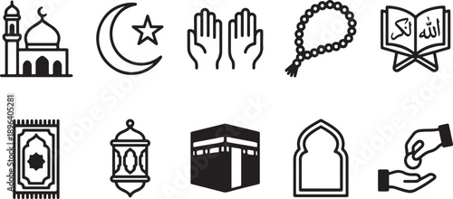 Set of essential islamic religious symbols and spiritual icons in minimalist line art style