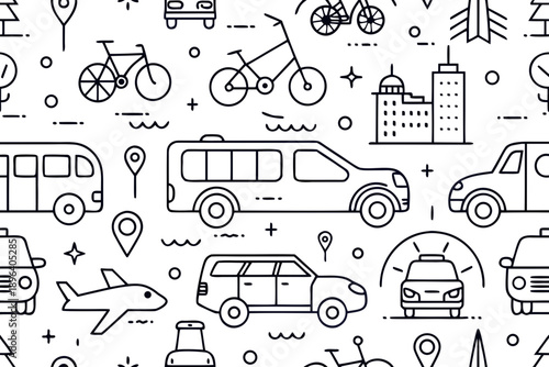 Minimal line drawn vehicle on white background line vehicle seamless pattern transportation 3 simple