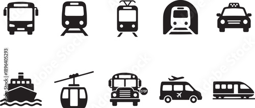 A collection of black silhouette icons representing various modes of transportation and travel