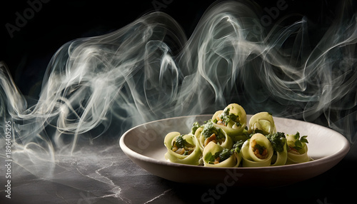 Whimsical Plate of Twisted Pasta with Ethereal Green Sauce Against a Mystical Dark Background