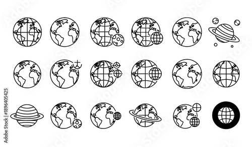 Planet and world globe vector icon set isolated on white background