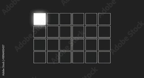 A single bright white square illuminates a corner of a dark minimalist grid pattern