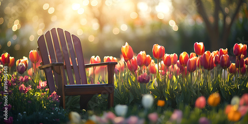 Wallpaper Mural Wooden Garden Chair Surrounded by Blooming Spring Tulips Torontodigital.ca