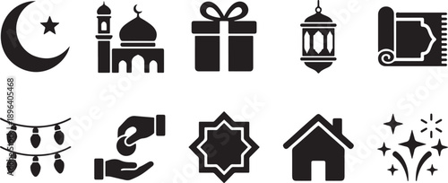 Collection of islamic icons celebrating ramadan and eid al-fitr in simple black silhouette style