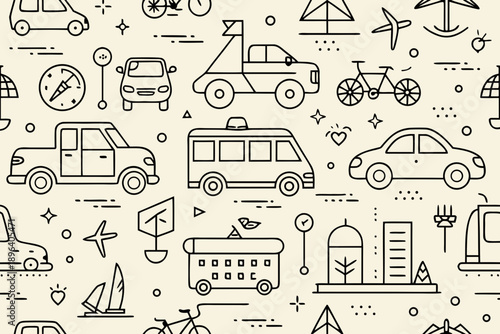 Minimal vehicle seamless pattern on white background with cars trucks buses bicycles and travel vehicle pattern