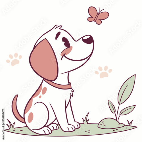 A cute little puppy watches a colorful butterfly flutter by with a happy smile