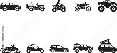 Set of diverse transportation icons featuring various off-road, utility, and recreational vehicles