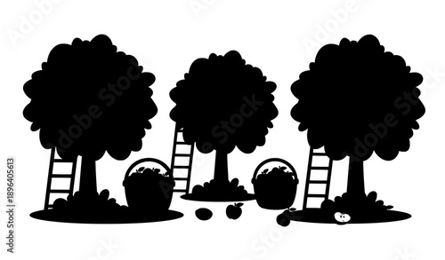 Cartoon orchard trees with apples, pears, and apricots vector illustration set